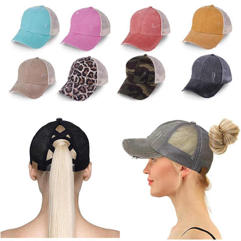 Criss Cross Baseball Cap Sunshade Breathable Cotton Ponytail Hat Headwear Outdoor Sports Wear With Adjustable Back Closure