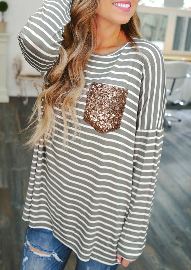 Women Striped Sequined Pocket Full Long Sleeve T-Shirt Tee