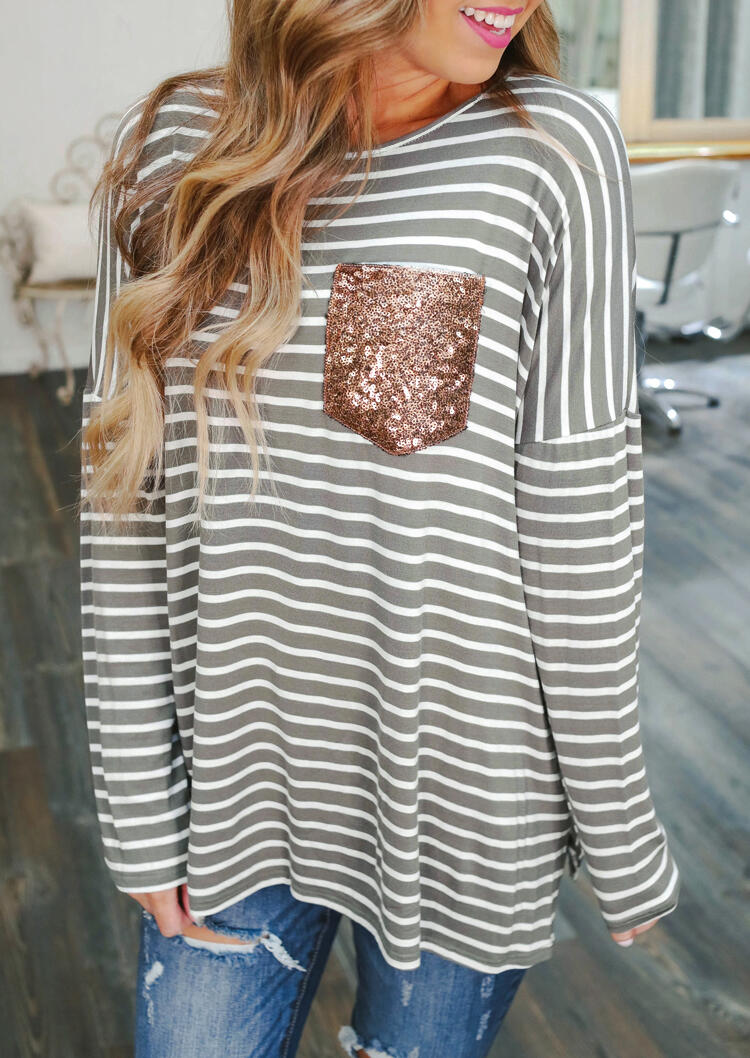 Women Striped Sequined Pocket Full Long Sleeve T-Shirt Tee